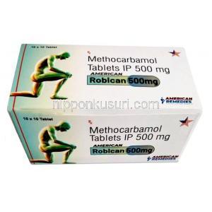 ロビカン 500mg, メトカルバモール 500mg, 錠剤, American Remedies, 箱表面