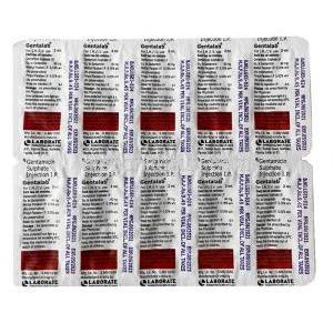 ゲンタラボ注射 ゲンタマイシン 40mg,注射 2ml, 製造元：Laborate Pharmaceuticals India Ltd, シート情報