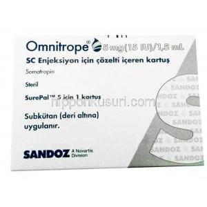 Omnitrope Injection, 5mg/1,5ml (15IU),Sandoz , Box front presentation