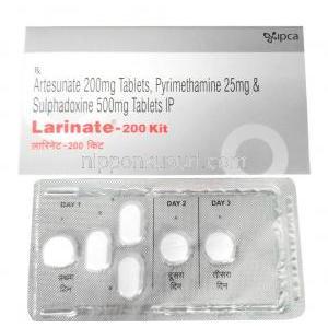 ラリネート キット, アーテスネート 200mg x 3錠, ピリメタミン 25mg/ スルファドキシン 500mg x 3錠,製造元： Ipca Laboratories Ltd, 箱表面, シート