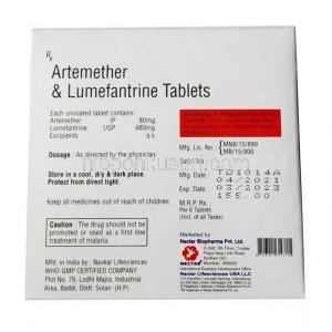 アーティマーエルエフ, アルテムエーテル80mg/ルメファントリン480mg , 錠剤,製造元: Mectar Biophama Pvt,Ltd, 箱情報