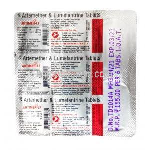 アーティマーエルエフ, アルテムエーテル80mg/ルメファントリン480mg , 錠剤,製造元: Mectar Biophama Pvt,Ltd, シート情報