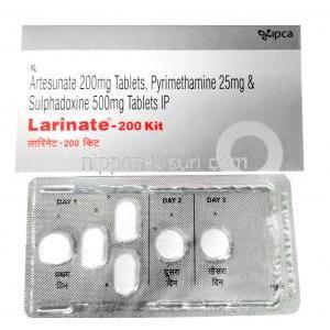 ラリネート キット, アーテスネート 200mg x 3錠, ピリメタミン 25mg/ スルファドキシン 500mg x 3錠,製造元： Ipca Laboratories Ltd, 箱表面, シート