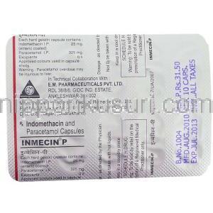 インドメタシン / アセトアミンフェン, Inmecin-P,  25MG/ 325MG カプセル (E.M. Pharma) 包装裏面