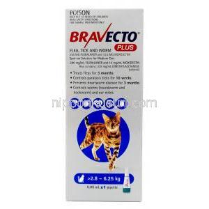 ブラベクトプラス, フルララネル250mg/ モキシデクチン12.5mg,中型猫用(2.8kg-6.25kg), 0.89ml X 1ピペット, 製造元MSD Animal Health,　箱表面