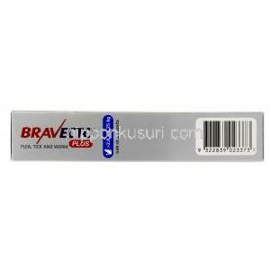 ブラベクトプラス, フルララネル250mg/ モキシデクチン12.5mg,中型猫用(2.8kg-6.25kg), 0.89ml X 1ピペット, 製造元MSD Animal Health,　箱側面