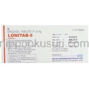 ミノキシジル（ロニテン ジェネリック）, Lonitab, 5mg 錠 (Intas) 箱裏面
