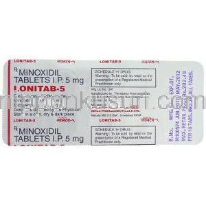 ミノキシジル（ロニテン ジェネリック）, Lonitab, 5mg 錠 (Intas) 包装裏面