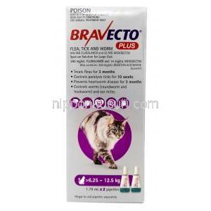 ブラベクトプラス, フルララネル500mg/ モキシデクチン25mg,大型猫用 (6.25kg-12.5kg), 1.79ml X 2ピペット, 製造元MSD Animal Health,箱表面