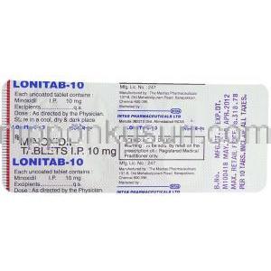 ミノキシジル（ロニテン ジェネリック）, Lonitab, 10mg 錠 (Intas) 包装裏面