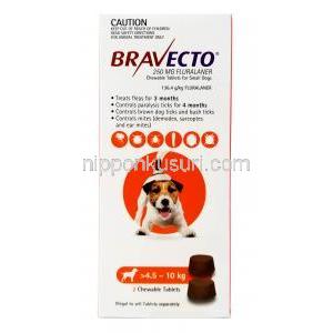 ブラベクトチュアブル フルララネル 250mg,小型犬(4.5kg-10kg)用チュアブル錠,2錠, 箱表面,製造元：MSD Animal Healthcare,箱表面