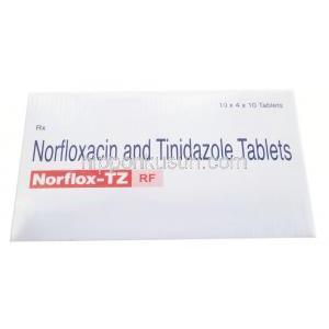 ノルフロックス TZ, チニダゾール 600mg/ ノルフロキサシン 400mg/ 乳酸菌 1億2千万個, 製造元：Cipla 箱上面