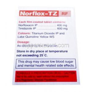 ノルフロックス TZ, チニダゾール 600mg/ ノルフロキサシン 400mg/ 乳酸菌 1億2千万個, 製造元：Cipla 箱情報, 成分