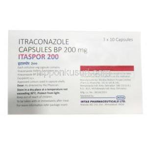 イタスポール,イトラコナゾール　200mg, 製造元： Intas Pharma, 箱情報, 成分, 保管方法