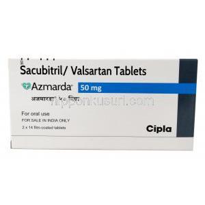 アズマルダ  50mg, サクビトリル 24mg, バルサルタン 26mg, 製造元：Cipla,箱表面