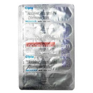 ムーベックス MR,  アセクロフェナク 100mg / アセトアミノフェン（パラセタモール）325mg / クロルゾキサゾン 250mg, 製造元： Cipla, シート情報