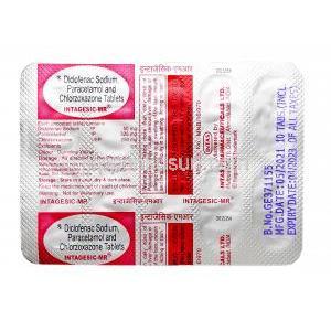 インタジェシック MR,クロルゾキサゾン 250mg/ ジクロフェナク 50mg/ アセトアミノフェン 325mg, 製造元：Intas Pharmaceuticals Ltd, シート情報