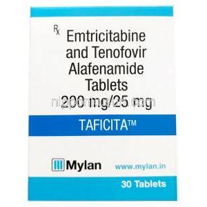 タフィシタ, エムトリシタビン 200mg/ テノホビル 25mg, 30錠, 製造元：Mylan, 箱表面
