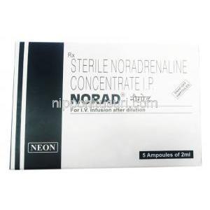 ノラッド 注射, ノルエピネフリン 2mg, 2ml X 5 アンプル,　製造元： Neon Laboratories, 箱表面