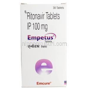 エンペタス,  リトナビル 100mg, 30錠入りボトル , 製造元：Emcure Pharmaceuticals Ltd, 箱表面