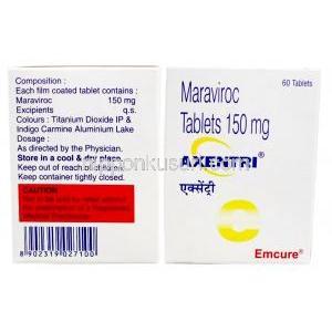 アセントリ, マラビロク150mg, 製造元：Emcure Pharmaceuticals Ltd, 箱情報,成分, 保管方法, 注意事項