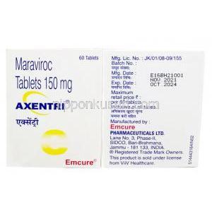 アセントリ, マラビロク150mg, 製造元：Emcure Pharmaceuticals Ltd, 箱情報,製造日, 消費期限