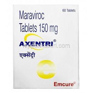 Axentri, Maraviroc 150mg, Emcure Pharmaceuticals Ltd, Box front view