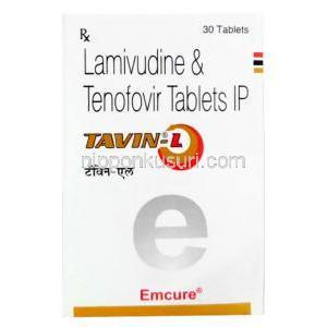 タビン L,  ラミブジン 300mg/ テノホビル 300mg, 30錠,製造元： Emcure Pharma, 箱表面