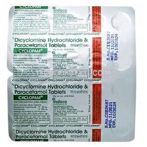 サイクロパム, ジサイクロミン 20mg/ アセトアミノフェン 500mg, 製造元：Indoco Remedies, シート情報
