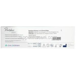 レスチレン,ヒアルロン酸 20mg/ml, リドカイン 3mg/ml（1ml あたり） 皮膚充填注射剤 1ml,製造元：Galderma,箱情報,　成分,製造元情報