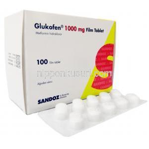 グルコフェン, メトホルミン 1,000 mg, 製造元：Sandoz, 箱, シート