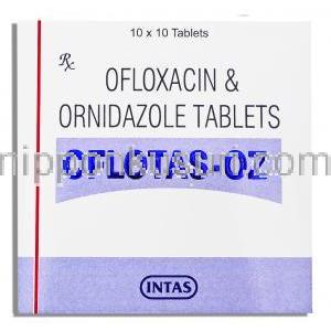 オフロキサシン/ オルニダゾール（フロマックス-DZ ジェネリック）, Oflotas-OZ, 200mg/ 500mg 錠 (Intas) 箱