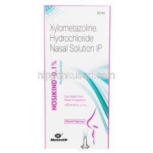 ノシカインド 点鼻薬, キシロメタゾリン 0.1% 点鼻薬 (鼻スプレー) 10ml, 製造元：Mankind Pharma Ltd, 箱表面