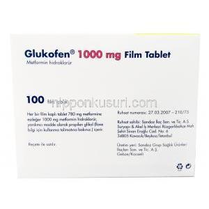 グルコフェン, メトホルミン 1,000 mg, 製造元：Sandoz, 箱情報, 製造元情報
