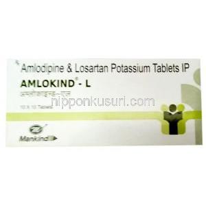 アムロカインド L, ロサルタン 50mg/ アムロジピン 5mg, 製造元：Mankind Pharma, 箱表面