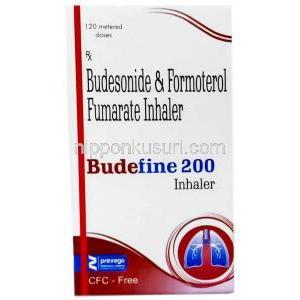 ブデファイン 200,  ホルモテロール 6mcg/ ブデソニド 200mcg, インヘラー,箱表面