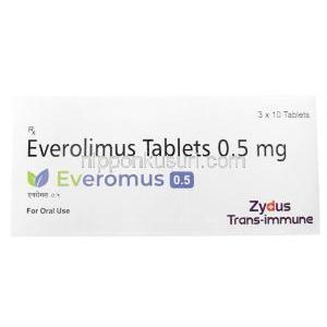 エベロマス 0.5, エベロリムス0.5mg, 製造元：Zydus Cadila, 箱表面