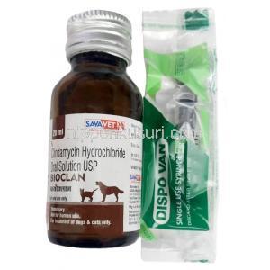 バイオクラン経口液 犬猫用,クリンダマイシン 25mg, 経口液 20ml, 製造元：Sava Vet, ボトル, シリンジ