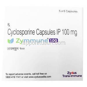 ザイミューン 100, シクロスポリン 100mg, 6カプセル,製造元：Zydus Cadila, 箱表面