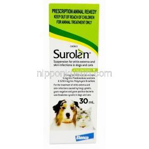 スロラン 外用懸濁液, ミコナゾール 23.0 mg/ml/ ポリミキシン B 0.5293 mg/ml/ プレドニゾロン 5.0 mg/ml 30mL 外用懸濁液 製造元：Elanco,箱情報, 成分