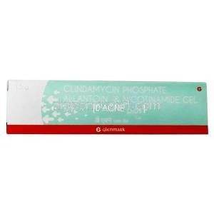 D アクネプラス ジェル アラントイン 0.5% w/w/ クリンダマイシン 1% w/w/ ナイアシンアミド 4% w/w, ジェル 15g, 製造元：Glenmark Pharmaceuticals, 箱表面
