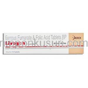 リボゲン Livogen,  フマル酸第一鉄/葉酸 152mg, 葉酸 1500mcg 錠 (Merck India)