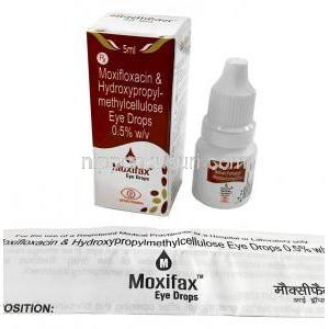 モキシファックス点眼薬 ,モキシフロキサシン 0.5% w/v, 点眼薬 5 mL, 製造元：Optho Pharma Pvt Ltd, 箱, ボトル, 商品説明書