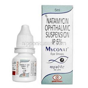 ミコナット点眼薬, ナタマイシン 5% w/v, 点眼薬 5mL, 製造元： Optho Pharma Pvt Ltd, 箱, ボトル