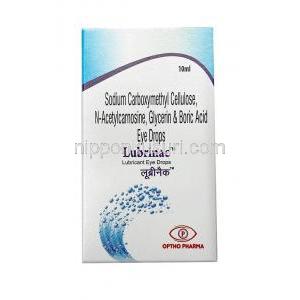 ルブリナック点眼薬, カルボキシメチルセルロース 3mg/mL / グリセリン 10mg/mL / N-アセチルカルノシン 10mg/mL, 点眼薬 10mL, 製造元：Optho Pharma Pvt Ltd, 箱表面