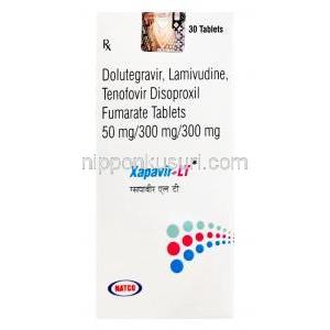 ザパビル LT,ドルテグラビル 50mg/ ラミブジン 300mg/ テノホビル 300mg, 30錠(1ボトル), 製造元：Natco Pharma, 箱表面