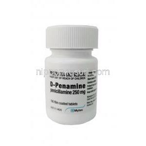 D ペナミン, ペニシラミン250 mg, 100錠入りボトル,製造元： Mylan, ボトル表面