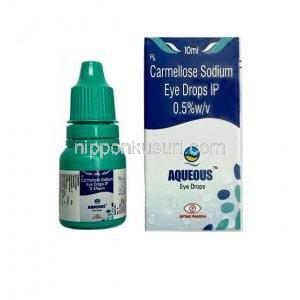 アクエアス点眼薬 ,カルボキシメチルセルロース 0.5% w/v, 点眼薬 10mL, 製造元：Optho Pharma Pvt Ltd, 箱, ボトル