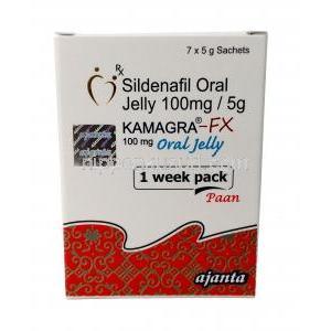 カマグラ FX オーラルゼリー,シルデナフィル 100mg, 5g X 7包,製造元： Ajanta Pharma Limited, 箱表面
