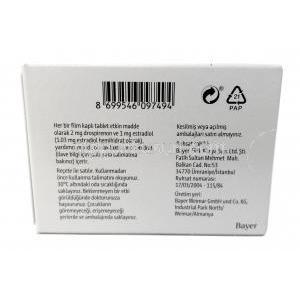 アンジェリーク, エストラジオール 1mg/ドロスピレノン 2mg, 製造元： Bayer Schering, 箱情報, 製造元